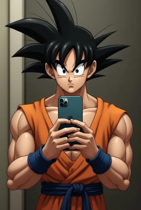 Realistic Goku taking a picture in a mirror with an iPhone