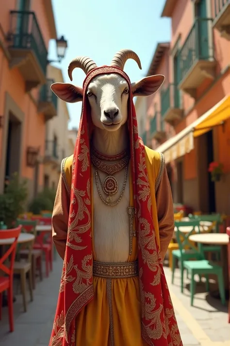 "A goat wearing a colorful dupatta on its head, dressed in traditional Punjabi shalwar kameez, standing in an Italian piazza surrounded by vibrant cafe chairs and rustic architecture."  