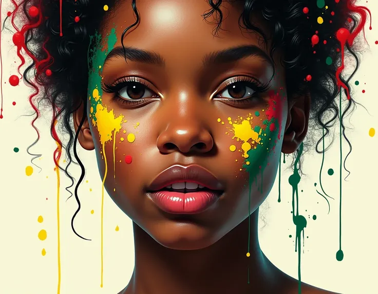 Create a black womans face filled with spots of paints in the colors yellow, green and red