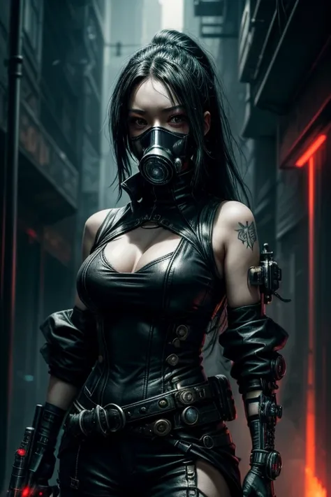 a woman with a gas mask on her face and a sword, cyberpunk art by Yang J, cgsociety contest winner, fantasy art, beautiful cyberpunk girl face, gothic - cyberpunk, seductive cyberpunk dark fantasy, dreamy cyberpunk girl, fantasy cyberpunk, ornamental gothi...