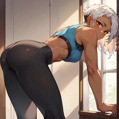 a tomboy with dark skin and white hair and brown eyes. she is standing in a doorway. she is wearing black yoga pants and a blue workout top. close up.