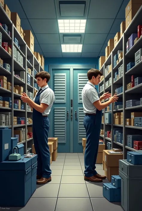 Please make a photo of the hotel staff storing lost items in the hotel in a safe room