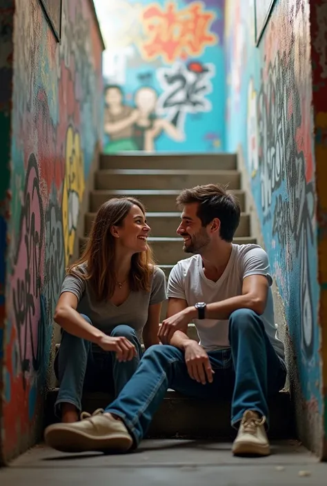 Two people sat down on the floor of the stairs, turned forward, laughing at each other. The background was a wall with graffiti.