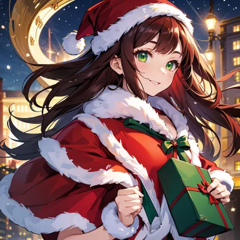 （In 8K, best quality, muste piece:1.2), ultra high resolution,1 female, ultra-detailed face,detailed, illustration style, dark red straight hair, long crossed bangs, hair band, green eyes, smile, Santa Claus costume, holding present in hands, Christmas ill...