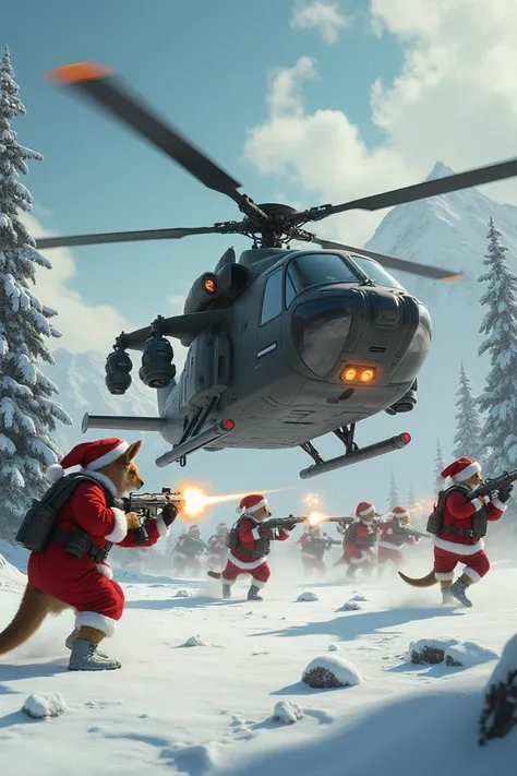 I want a kangaroo war with helicopters and weapons defeating Santas Clos many Santa Clos in the war