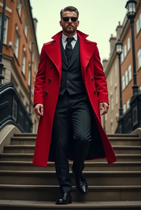 arafed man, with well combed corot hair, stylized beard, black sunglasses wearing a black coat and black pants walking up a flight of stairs through the streets of london, black suit, wearing red formal suit, long black coat and full length , inspired by E...