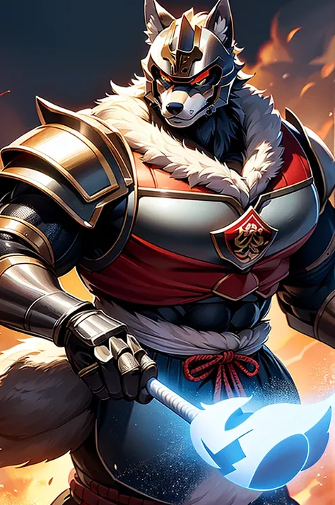 extremely muscular wolf wearing samurai armour, 300 pounds heavy, gargantuan body, extremely large, helmet, mask