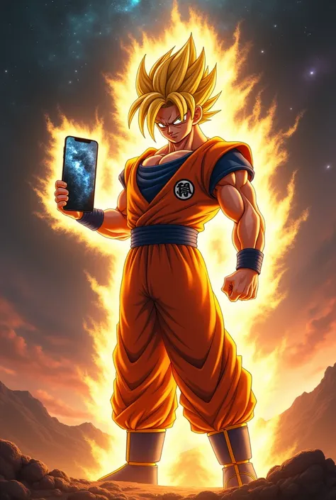 Goku Super Sayagin super holding an iPhone 16 Pro Max. image in 16 format:9