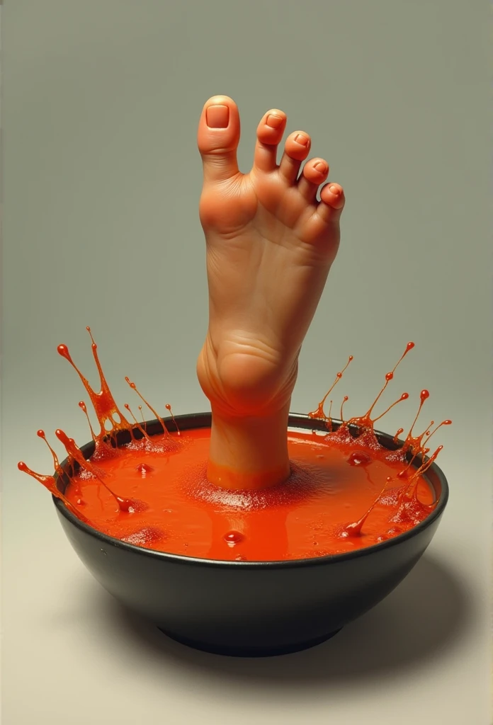  A spicy  ,  actual , ultra- actual ,  very spicy bowl  ，  has a human foot inside