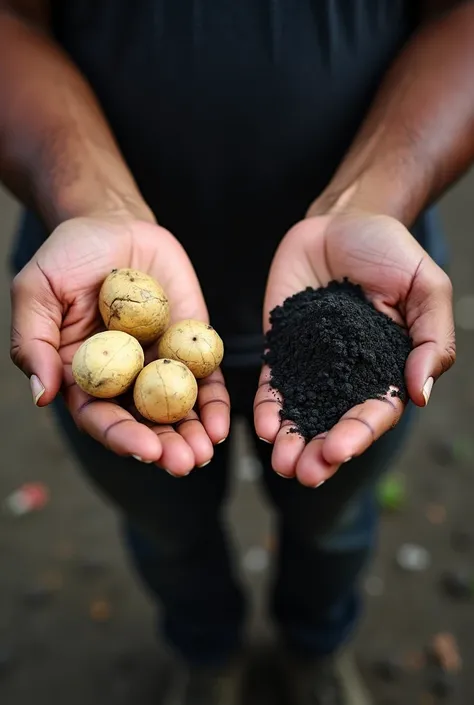  4 pieces of cassava in the right hand and a pile of coal in the left hand. his hands are slightly spaced 