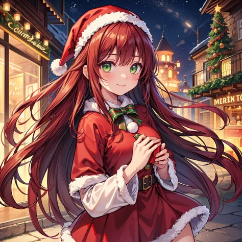 （In 8K, best quality, muste piece:1.2), ultra high resolution,1 female, ultra-detailed face,detailed, illustration style, dark red straight hair, long crossed bangs, hair band, green eyes, smile, Santa Claus costume, holding present in hands, Christmas ill...