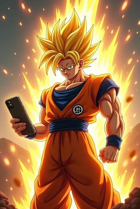 Goku Super Sayagin super holding an iPhone 16 Pro Max in the foreground. image in 16 format:9