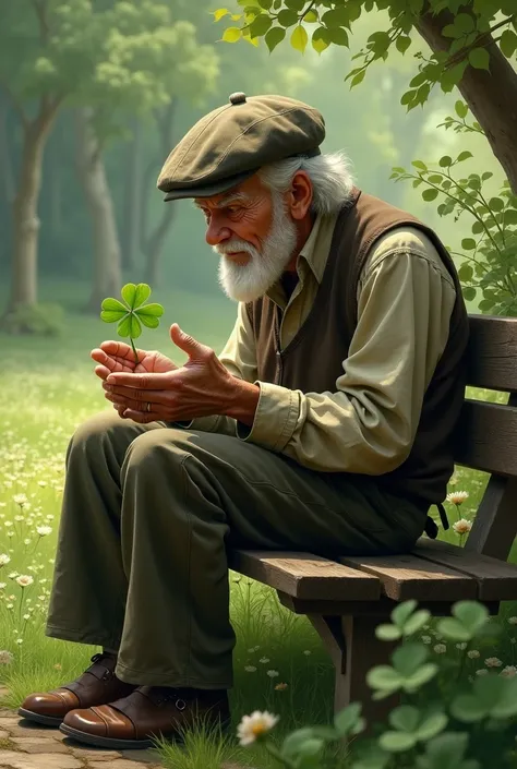 It generates an old man on a bench holding a four-leaf clover