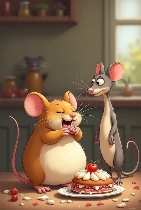 Fat mouse eating ham cake while skinny mouse watches it