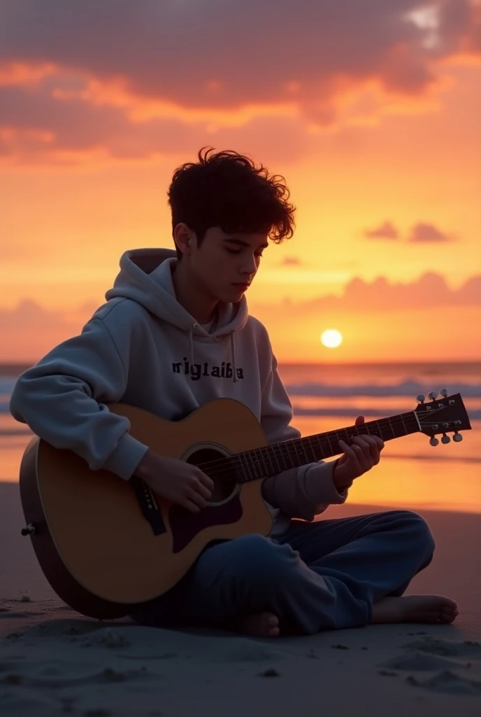 Photo of a teenage boy wearing a hoodie while playing an acoustic guitar with the sunset on the beach with the name on his chest "Rizqi Alfa"