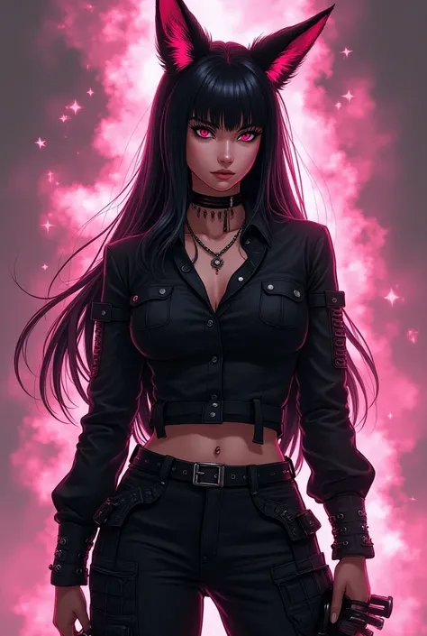 adult woman,  has straight hair at the height of the ribs , in black color com mechas rosas claro.  pink fox ears and tail . pink eyes,  combat style long sleeve blouse , detalhes em fivelas e uma estética utilitária in black color.  Black cargo pants with...