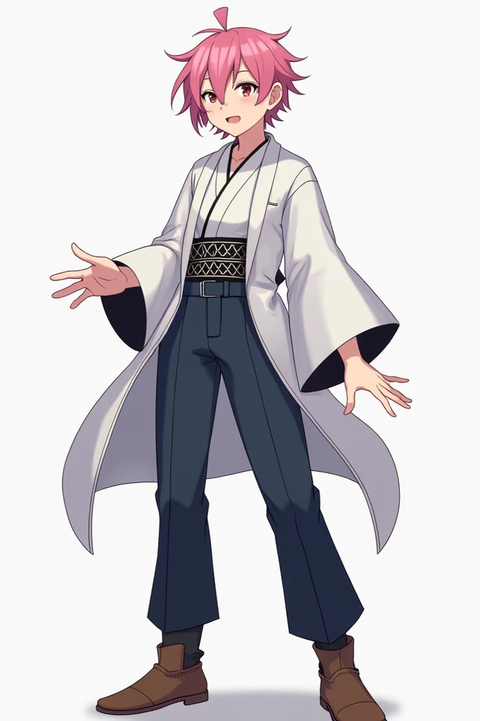 This character features short, spiky pink hair that balances a tidy yet slightly untamed look. Their facial expression is sharp and full of energy, exuding youthful determination. The outfit blends a traditional white kimono with a modern twist, featuring ...