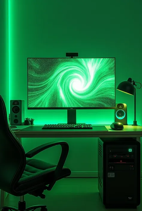 
"Design a visually stunning computer room with a sleek desktop setup. The desktop screen should display a mesmerizing green screen saver with swirling patterns and shapes. Incorporate modern computer hardware and accessories, and ensure the overall atmosp...