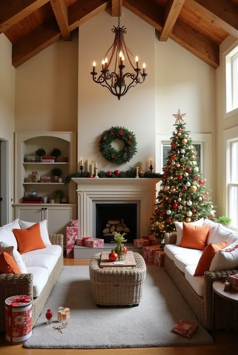 The image shows a cozy living room decorated for Christmas. The room has a high ceiling with wooden beams and a large chandelier hanging from it. The walls are painted in a light beige color and there is a fireplace in the center of the room with a mantel ...