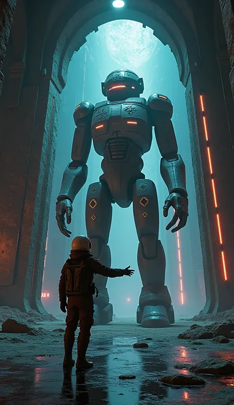 Theme: A Space Explorer Encounters an Ancient Robot on an Alien Planet
Description: A space explorer discovers an underground entrance on an alien planet and enters a vast chamber. In the center of the chamber stands an ancient robot weapon, four times the...