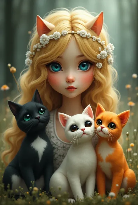 Take a picture of a women with blonde hair and blue eyes, next to her is a black and white cat and pug and orange cat.