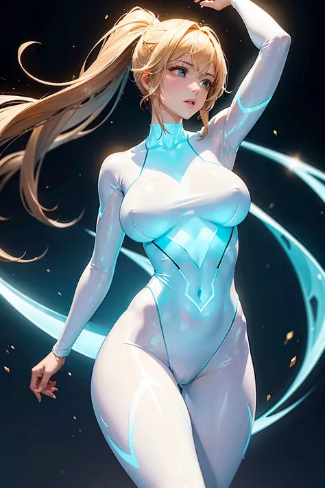 A beautiful woman with a perfect body, glowing translucent bodysuit, dynamic pose