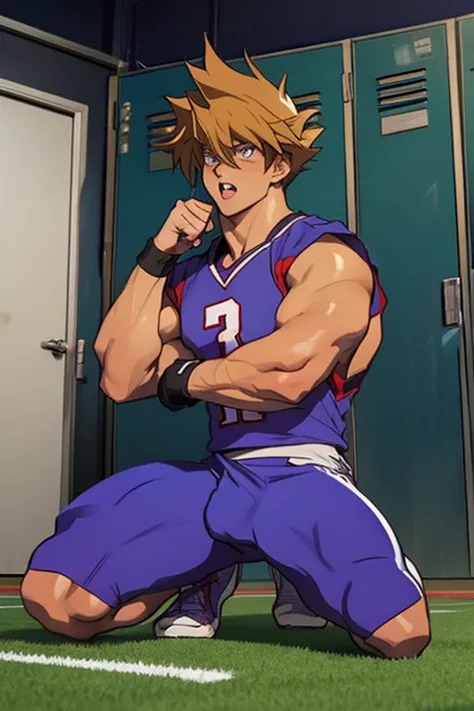 jounouchi katsuya from yu-gi-oh, bodybuilder, sweaty, defined body, big legs, locker room, wearing a football uniform, vapid sta...