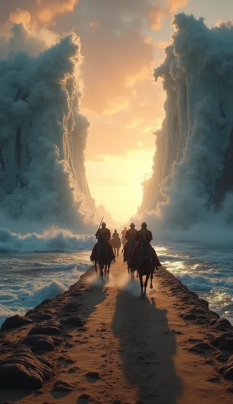 (photorealism:1.2),  a bunch of ancient egyptian soldiers on horseback ,  across the sea that splits ,  land of the seabed into a road ,  right left side of a troupe of warriors there is a wall of frothy seawater, twilight sky atmosphere ,  image in cinema...