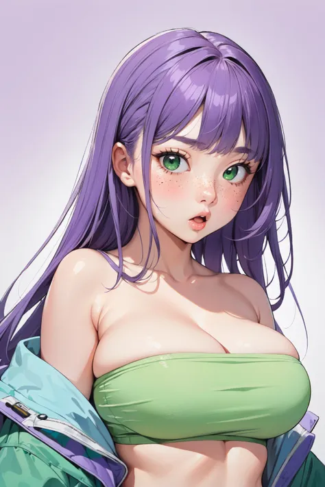 (masterpiece, highres, high resolution:1.2), anime 20 yo girl, portrait, shoulders up, illustration. drawn, violet hair, asian girl, green eyes, blushing, solo, surprised, freckles, big lips, huge breasts, perfect body, wearing a tube top, no hands.