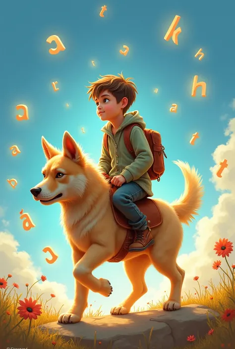  Create me an image of , boy rides dog to school .  Carved Real Dog . 
 The view of the clear blue sky  , fanciful,  mythological style ,  strong masculinity .
 immerse adjacent letters  "T" and "h" and "a" and "n" and "h" and tiếp tục immerse adjacent let...