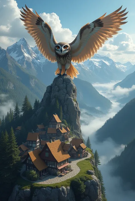 Giant owl watching over a village on a mountain 
