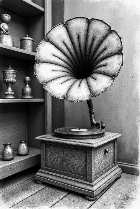 conceptual installation fine art, black pencil line art, rough sketches, a gramophone in the corner of an antique shop, playing a slightly wavy record, art image effects, delicate and dynamic textures, contrasts of light and shadow, 2.5D, artistic photogra...