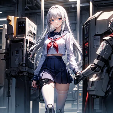 “A group of high school students, dressed in sailor-style school uniforms, walking into a futuristic mech hangar. The hangar is spacious and industrial, with multiple powered suits named ‘Star Saber’ standing in designated docking stations. The suits are c...