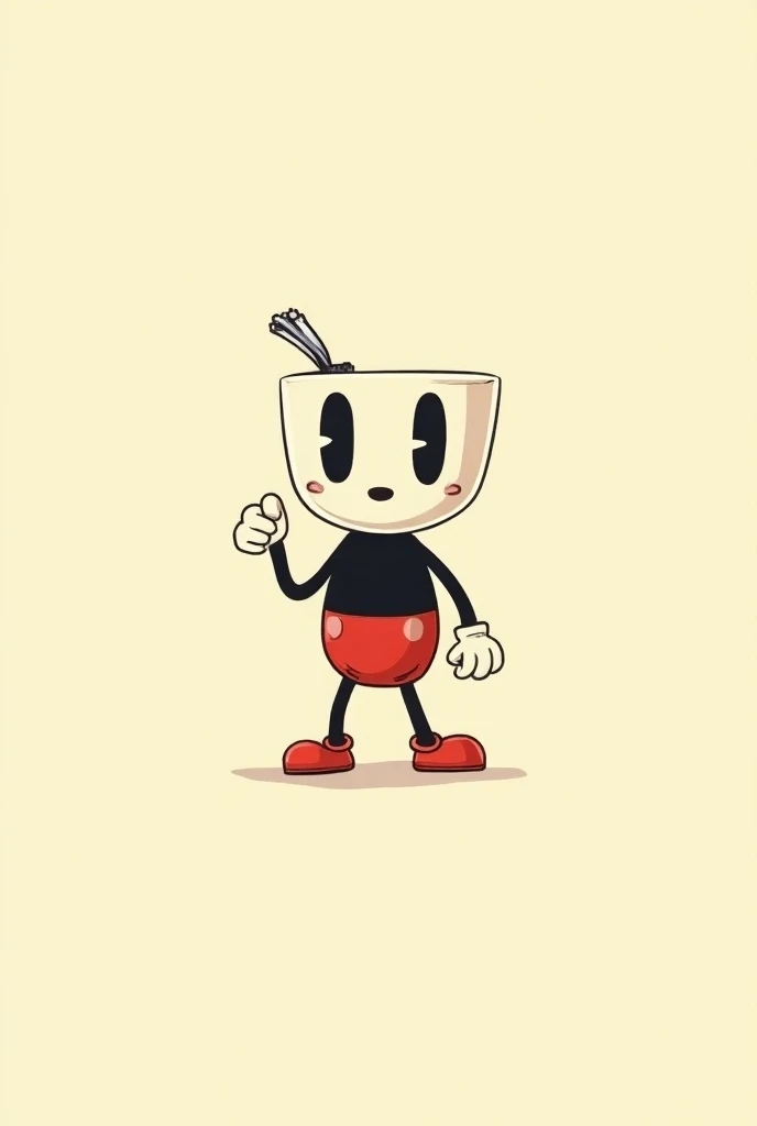 The camera draws a 2D character with a body and arms and legs , face as a cuphead