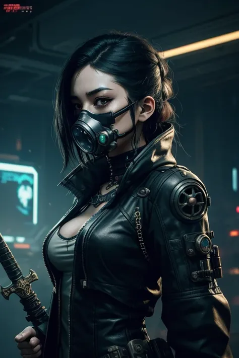 a woman with a gas mask on her face and a sword, cyberpunk art by Yang J, cgsociety contest winner, fantasy art, beautiful cyberpunk girl face, gothic - cyberpunk, seductive cyberpunk dark fantasy, dreamy cyberpunk girl, fantasy cyberpunk, ornamental gothi...