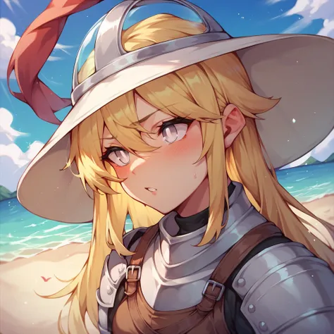 a tomboy with long blonde hair and white eyes, she has no pupils. she stands over you while on a beach. she is wearing light armor with a helmet. she is blushing.