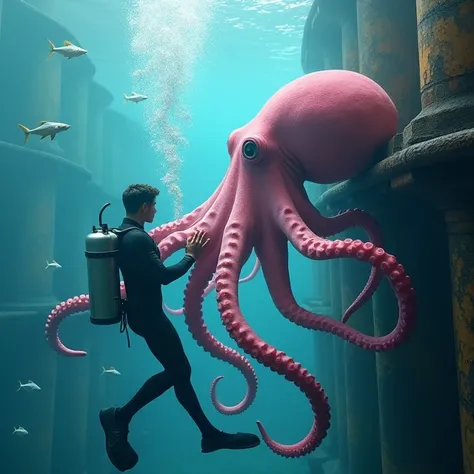 A diver and a giant pink octopus, blue water, small shiny fish, rusty metal, romantic scene, diver and female octopus