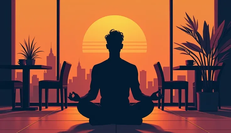 imagine prompt:a man meditating in woodcut style, minimalist, Coffee House/Cafe, Inkjet Printed, DSLR, Rigging, Flat, tiles, contrasted colors, Dreamcore, fluorescent lighting, UHD --ar 9:16