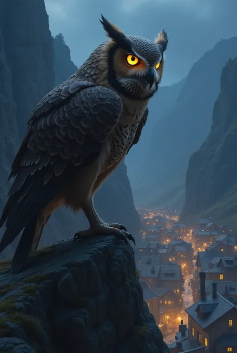 Giant warlike owl watching over a town perched on a mountain at night 
