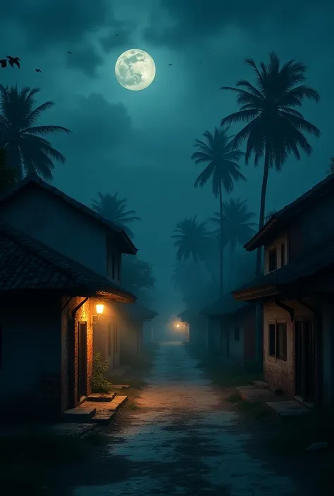 A quaint, traditional Indian village under the cover of night. Dim lanterns light the dirt paths between small, brick houses with tiled roofs. A cold, eerie mist hangs in the air, and the only sound is the distant hooting of an owl. The atmosphere is quiet...