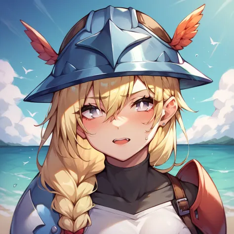 a tomboy with long blonde hair and white eyes, she has no pupils. she stands over you while on a beach. she is wearing light armor with a helmet. she is blushing.