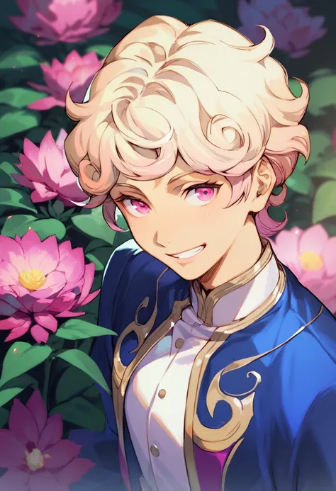 femboy, curly blonde hair, pink eyes, smiling, wearing prince clothes, garden background