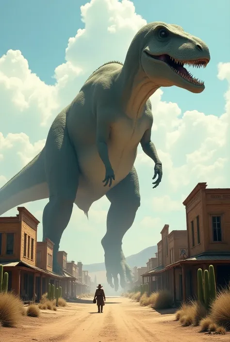 Colossal and giant dinosaur  in a cowboy town