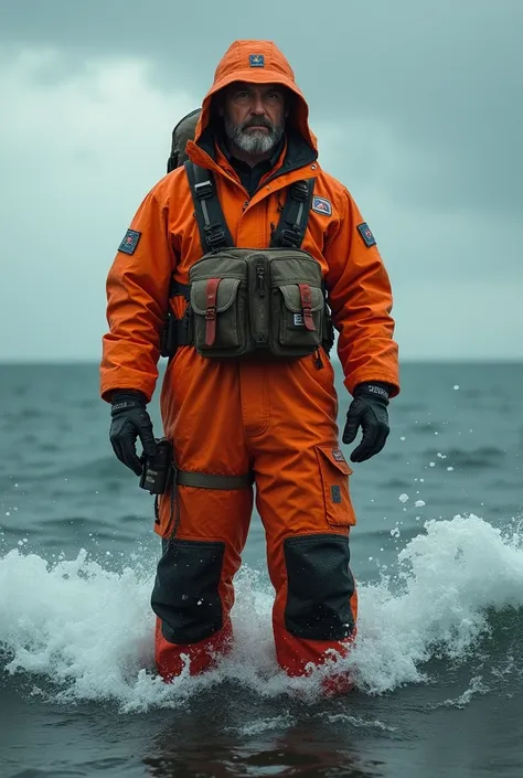 A fisherman in an orange suit 