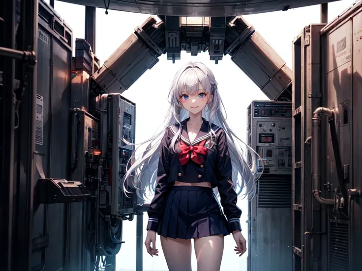 “A group of high school students, dressed in sailor-style school uniforms, walking into a futuristic mech hangar. The hangar is spacious and industrial, with multiple powered suits named ‘Star Saber’ standing in designated docking stations. The suits are c...