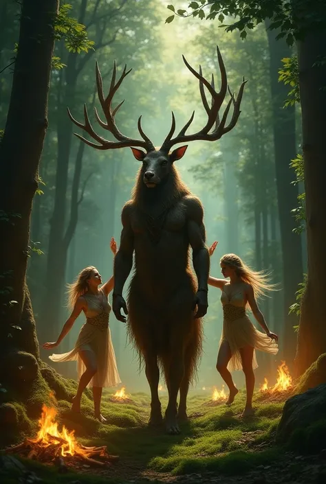 Deus Cernunnos with the nymphs among trees and bonfires 