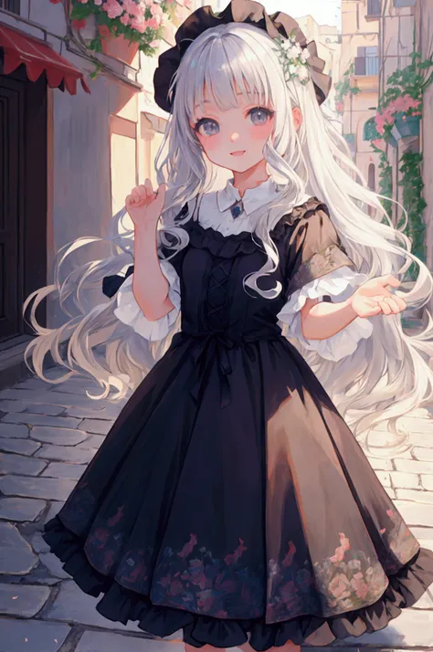  happy silver-haired wavy girl raising her hands，The background is a group of Amalfi ,Cobblestones,A lot of falling flowers anime , best quality