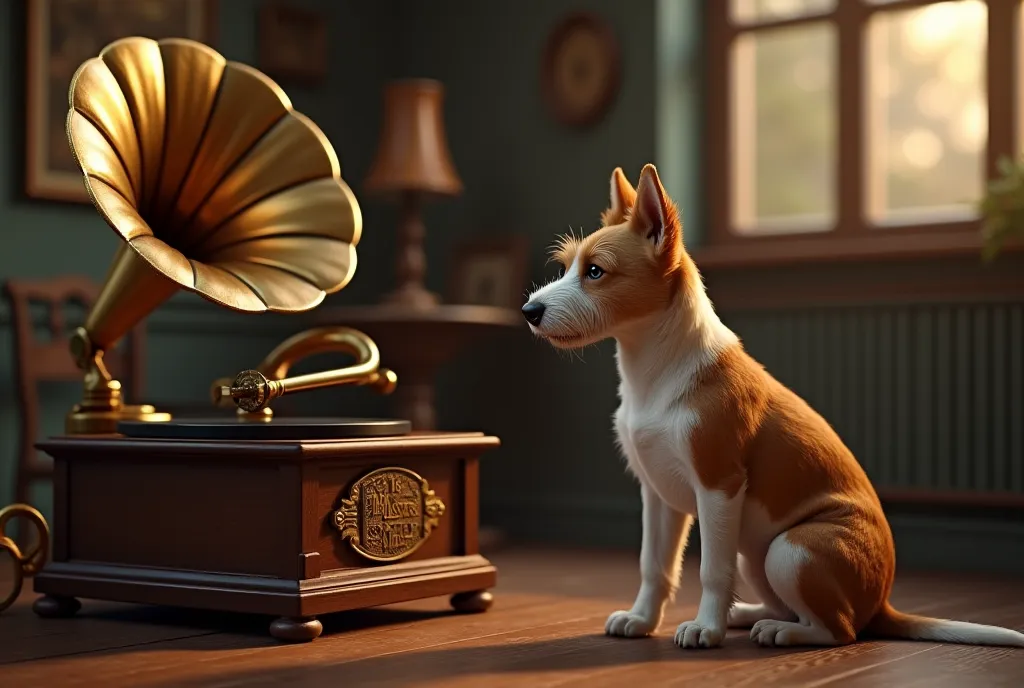 ((masterpiece, highest quality, Highest image quality, High resolution, photorealistic, Raw photo, Extremely detailed CG unified 8k wallpaper)), Vintage Record Player, His Master's Voice, a dog listening to a cylinder gramophone, a fox terrier,