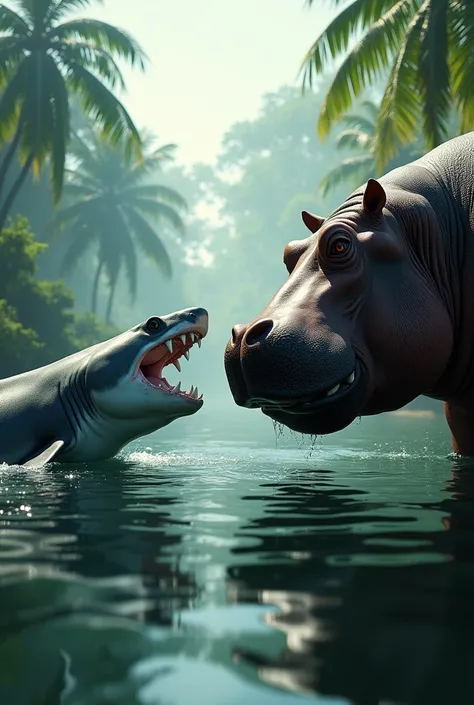 Create an image of a shark and a hippopotamus looking at each other