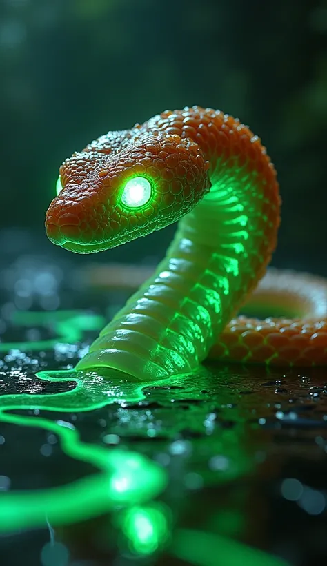 A monstrous Sushi Snake Hybrid emerges from a glowing river of soy sauce, its body covered with glowing sushi scales and translucent rice patterns. Its eyes are bright green and shine with digital energy, creating a contrast between the dark environment an...